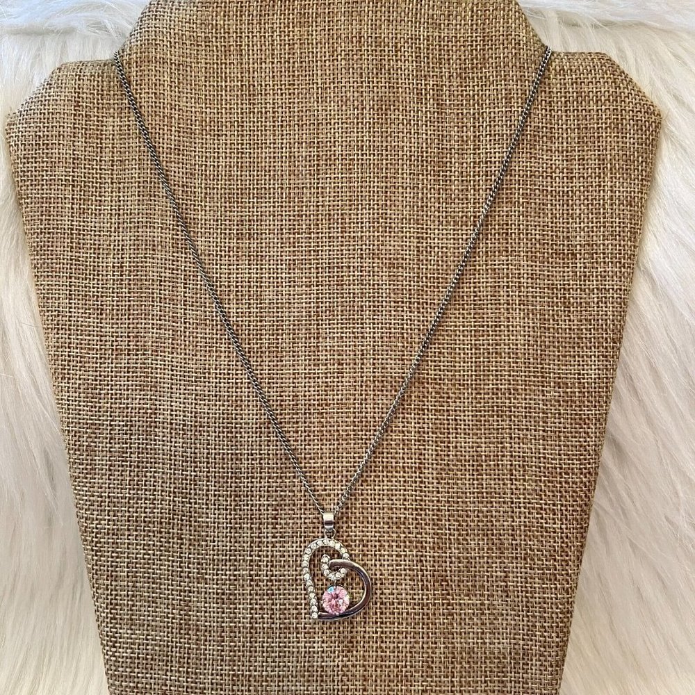 Romantic Pink Ice Pendant Necklace Rhinestone Heart Silver Boho Love 10386